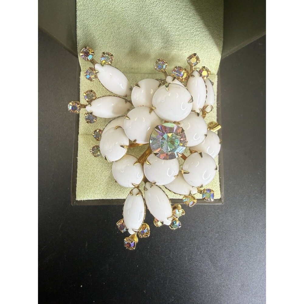 Vintage Floral Cluster White Milk Glass AB Crystal Rhinestone Gold Tone Brooch